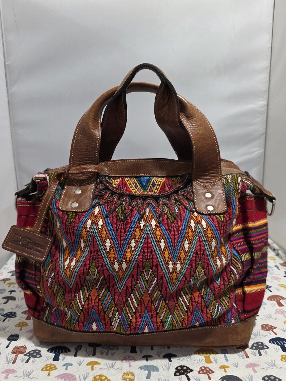 DC Guatemala Medium Boho Multicolor Woven Day Bag Brown Leather Trim & Straps